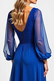 Royal Blue Chiffon Illusion Mother of the Bride Dress with Long Sleeves