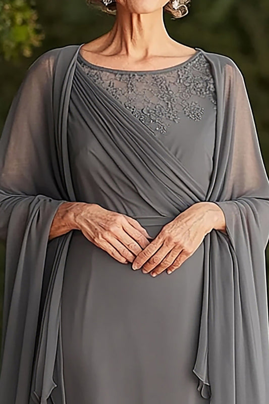 Chiffon Grey Scoop Tea Length Mother of the Bride Dress with Shawl