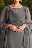 Chiffon Grey Scoop Tea Length Mother of the Bride Dress with Shawl