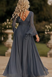 A Line Dark Grey Long Chiffon Mother of the Bride Dress with Slit