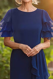 Sheath Navy Long Chiffon Mother of the Bride Dress with Tiered Sleeves