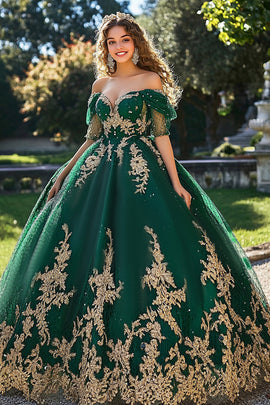 Dark Green Princess Tulle Quinceanera Dress Off the Shoulder Sweet 16 Dress with Appliques