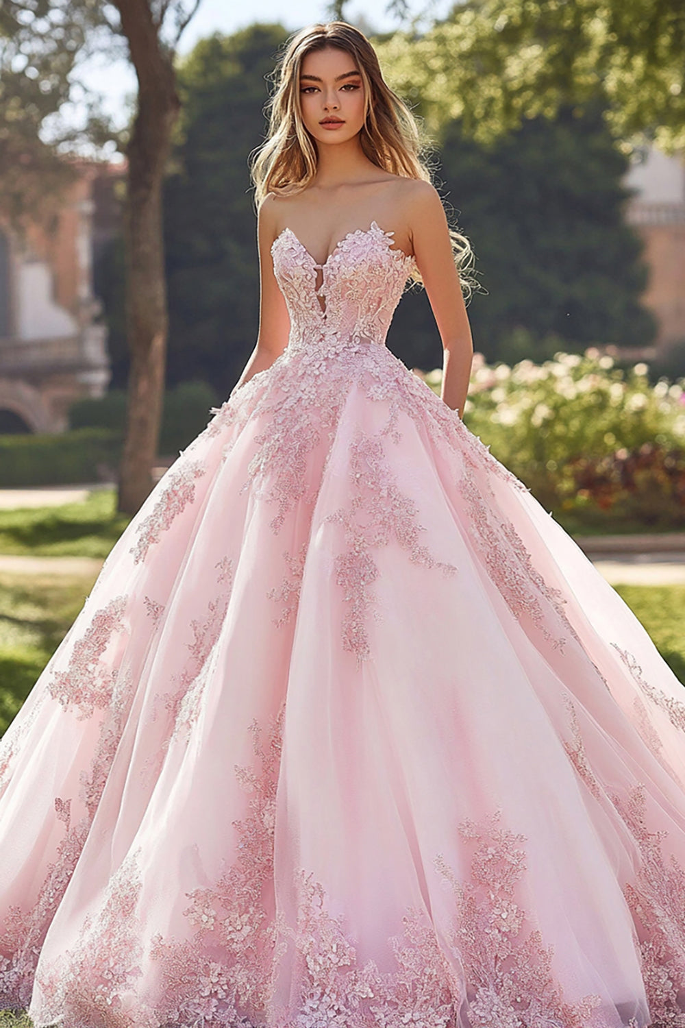 Blush Quinceanera Dress Ball Gown Strapless Tulle Sweet 16 Dress with Appliques