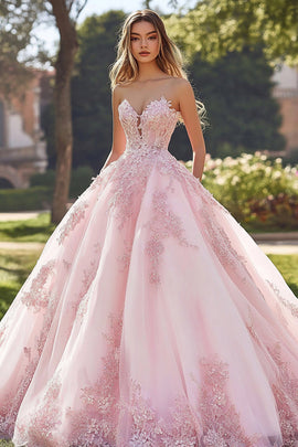 Blush Quinceanera Dress Ball Gown Strapless Tulle Sweet 16 Dress with Appliques