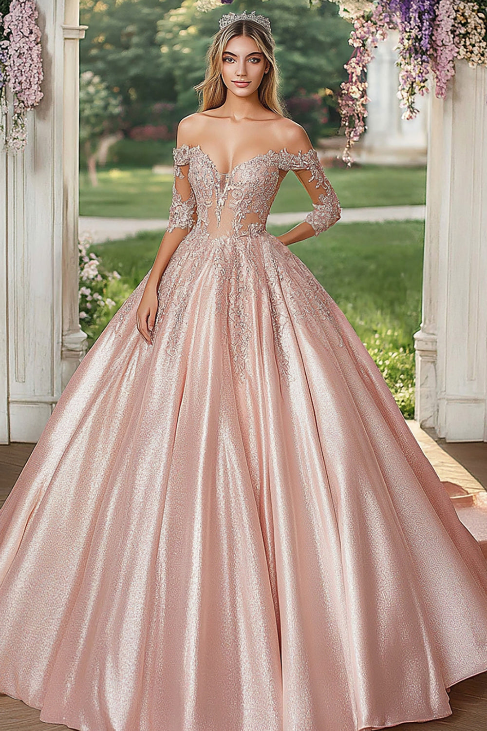 V-neck Off The Shoulder Satin Ball Gowns Quinceanera Dresses main image 0