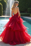 Red A Line Ruffled Sparkly Sweetheart Prom Dress with Sequins