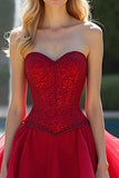 Red A Line Ruffled Sparkly Sweetheart Prom Dress with Sequins