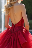 Red A Line Ruffled Sparkly Sweetheart Prom Dress with Sequins