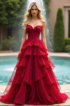Sweetheart Tiered Red A Line Prom Dress with Embroidery
