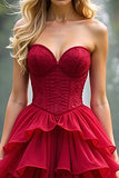 Sweetheart Tiered Red A Line Prom Dress with Embroidery