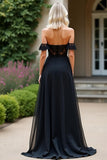 Off the Shoulder Black A Line Lace Appliques Prom Dress with Slit