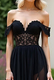 Off the Shoulder Black A Line Lace Appliques Prom Dress with Slit