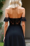 Off the Shoulder Black A Line Lace Appliques Prom Dress with Slit