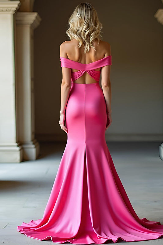 Off the Shoulder Sheath Fuchsia Mermaid Prom Dress with Ruches
