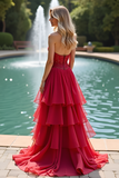 Red A Line Sparkly Sweetheart Tiered Long Prom Dress with Beading