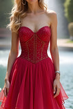 Red A Line Sparkly Sweetheart Tiered Long Prom Dress with Beading