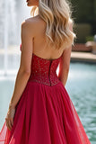 Red A Line Sparkly Sweetheart Tiered Long Prom Dress with Beading