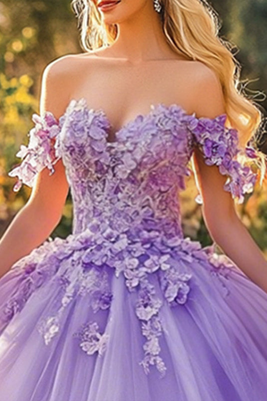 Lilac Floor Length Appliqued Quinceanera Dress with 3D Flowers