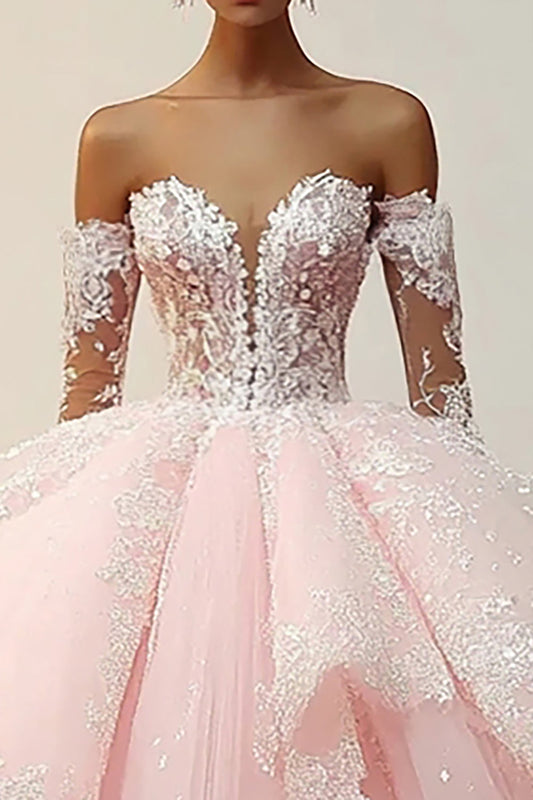 Princess Pink Ball Gown Appliques Tulle Quinceanera Dress with Detachable Sleeves