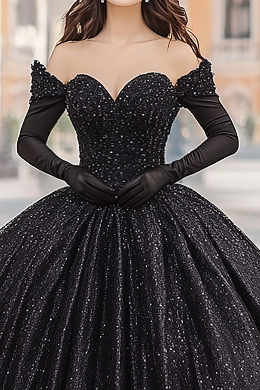 Black Off The Shoulder Ball Gown Long Quinceanera Dress with Long Sleeves