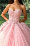 Pink Ball Gown Strapless Appliqued Long Quinceanera Dress