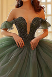Olive Off The Shoulder Organza Lace Appliqued Quinceanera Dress