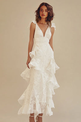 White Little White Dress with Ruffles V-neck A-Line Chiffon Ankle Length Party Dress