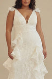 White Plus Size V-Neck Lace A-Line Long Little White Dress with Ruffles