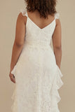 White Plus Size V-Neck Lace A-Line Long Little White Dress with Ruffles