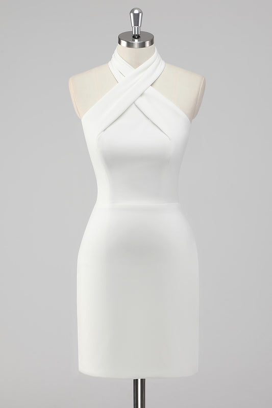 A-Line Satin Knee Halter Neck Backless Length Little White Dress