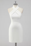 Backless Bodycon Long Little White Dress Halter Neck Satin Short Party Dress
