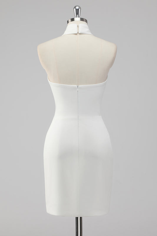 A-Line Satin Knee Halter Neck Backless Length Little White Dress