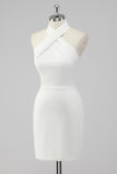 Bodycon Satin Halter Neck Backless Short Little White Dress
