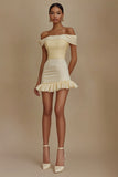 Little White Dress with Ruffles Off the Shoulder A-Line Satin Knee Length Party Dress