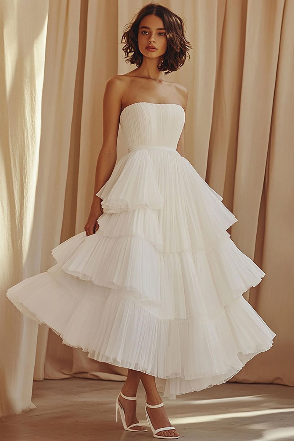 ZAPAKASA Women Little White Dress A-Line Sweetheart Chiffon Ruffled