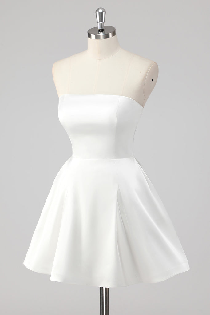 ZAPAKASA Women Simple White Graduation Dress A-Line Strapless Little