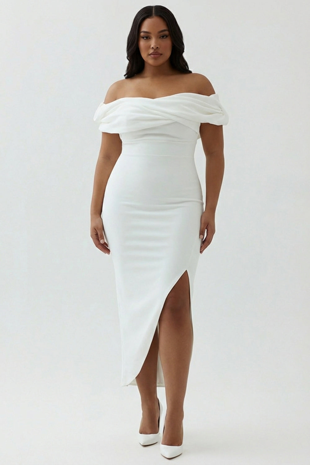 Plus Size White Sheath Satin Off the Shoulder Matte Asymmetrical Graduation Dress