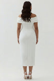 White Sheath Off the Shoulder Matte Satin Asymmetrical Graduation Dress