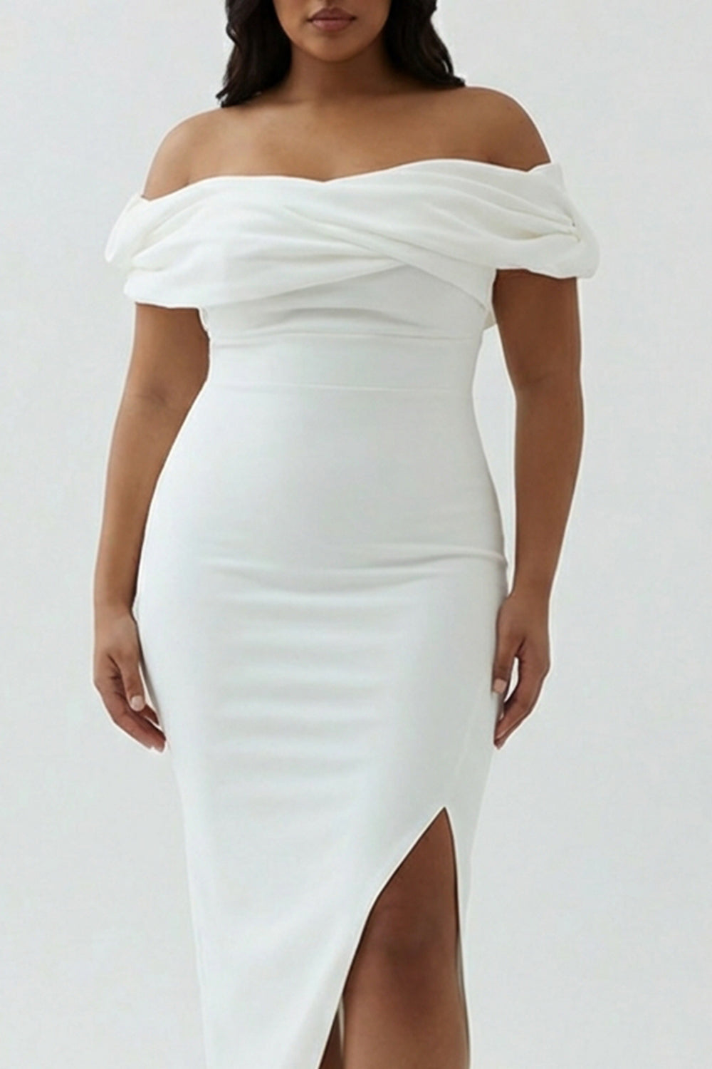 Plus Size White Sheath Satin Off the Shoulder Matte Asymmetrical Graduation Dress