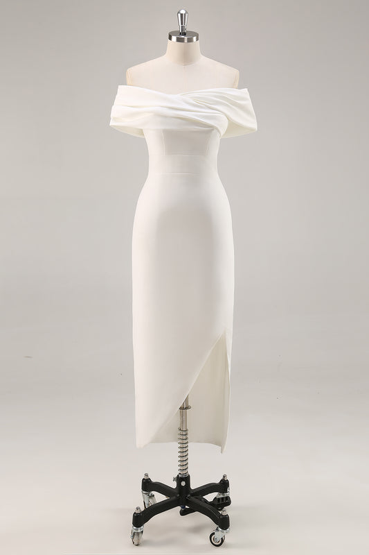 White Satin Sheath Off the Shoulder Matte Asymmetrical Graduation Dress