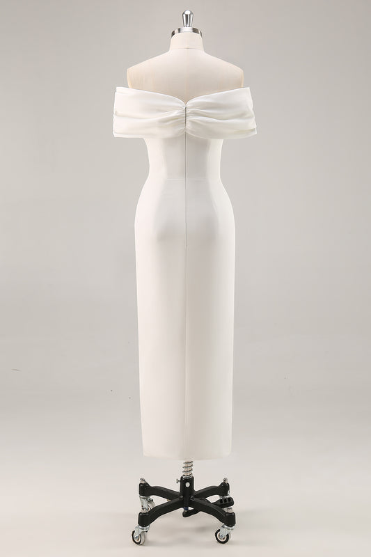 White Satin Sheath Off the Shoulder Matte Asymmetrical Graduation Dress