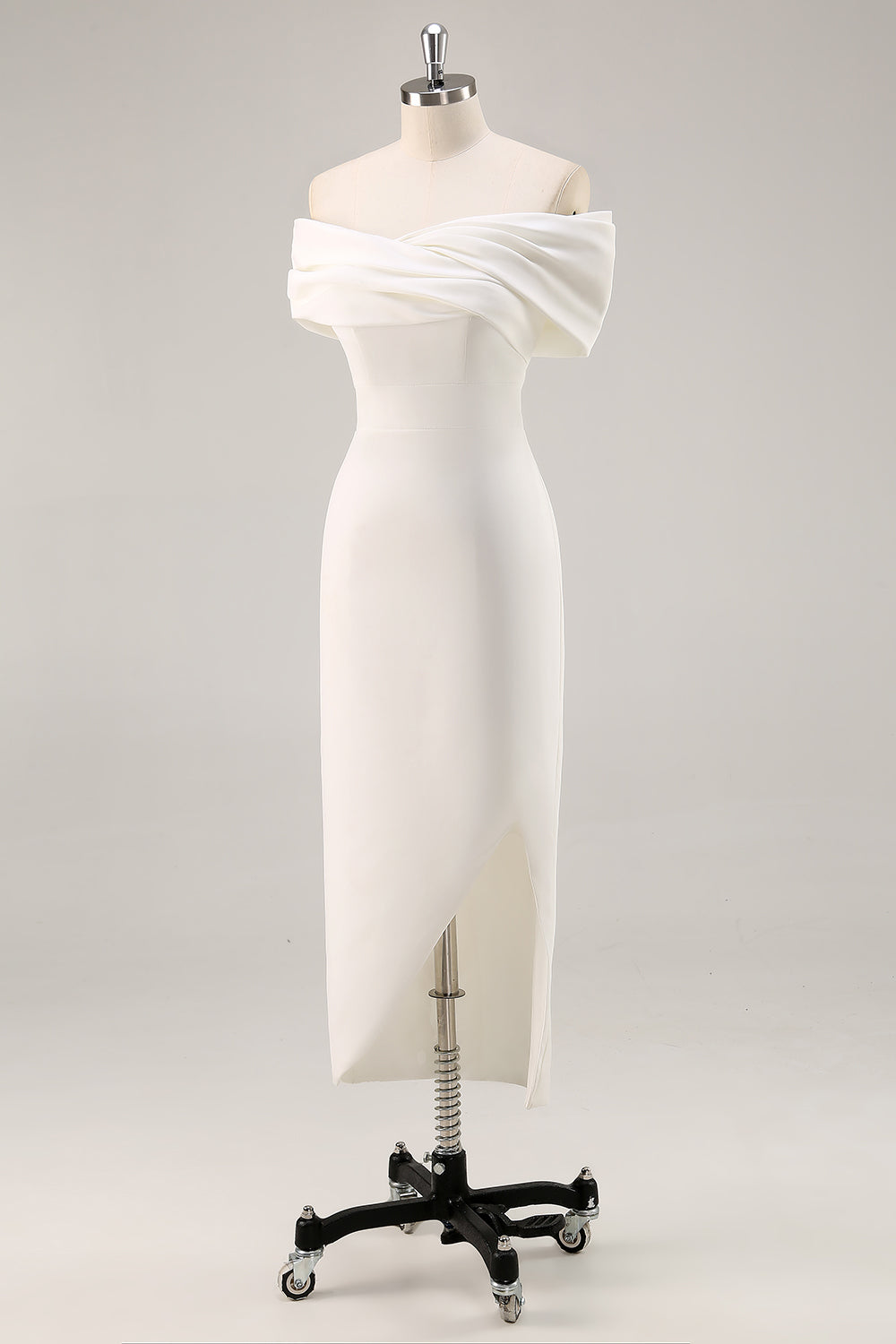 White Satin Sheath Off the Shoulder Matte Asymmetrical Graduation Dress