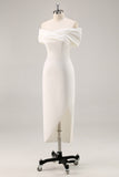 White Satin Sheath Off the Shoulder Matte Asymmetrical Graduation Dress
