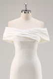 White Satin Sheath Off the Shoulder Matte Asymmetrical Graduation Dress