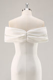 White Satin Sheath Off the Shoulder Matte Asymmetrical Graduation Dress