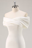 White Satin Sheath Off the Shoulder Matte Asymmetrical Graduation Dress