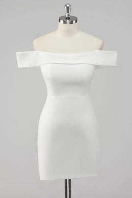 Satin White Sheath Off the Shoulder Mini Graduation Dress