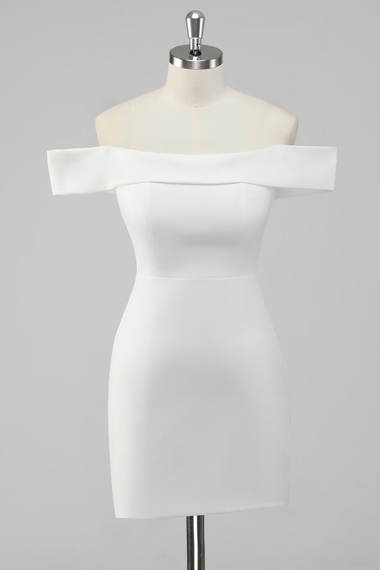 Satin White Sheath Off the Shoulder Mini Graduation Dress