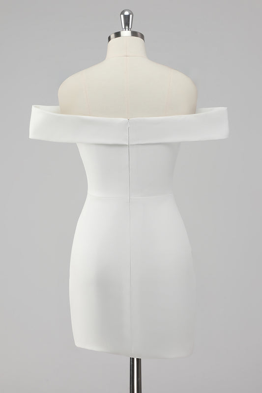 Satin White Sheath Off the Shoulder Mini Graduation Dress