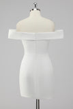 Satin White Sheath Off the Shoulder Mini Graduation Dress